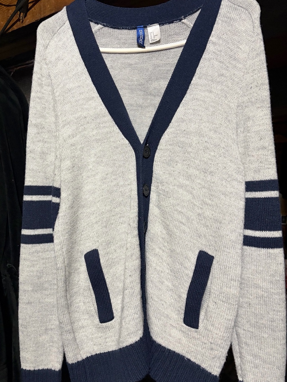 H&M Light Gray Cardigan with Navy Trim Accents